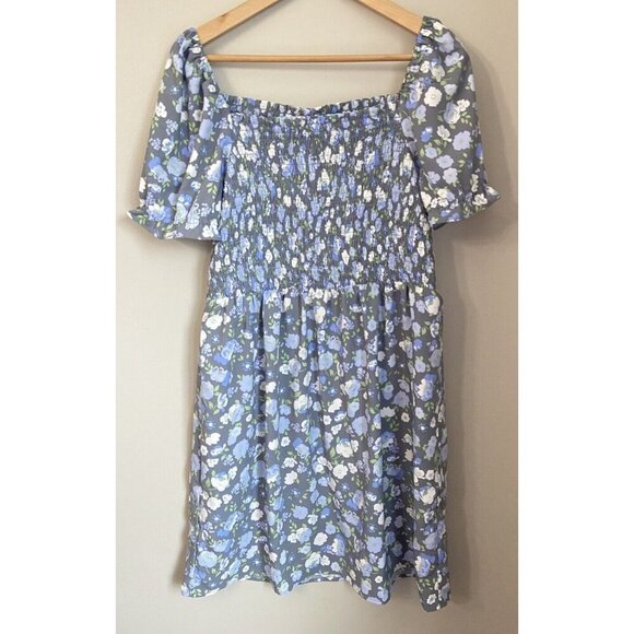 Ann Taylor LOFT Outlet Dress Smocked Bodice Puff Sleeves Gray Blue Large L - Picture 1 of 5